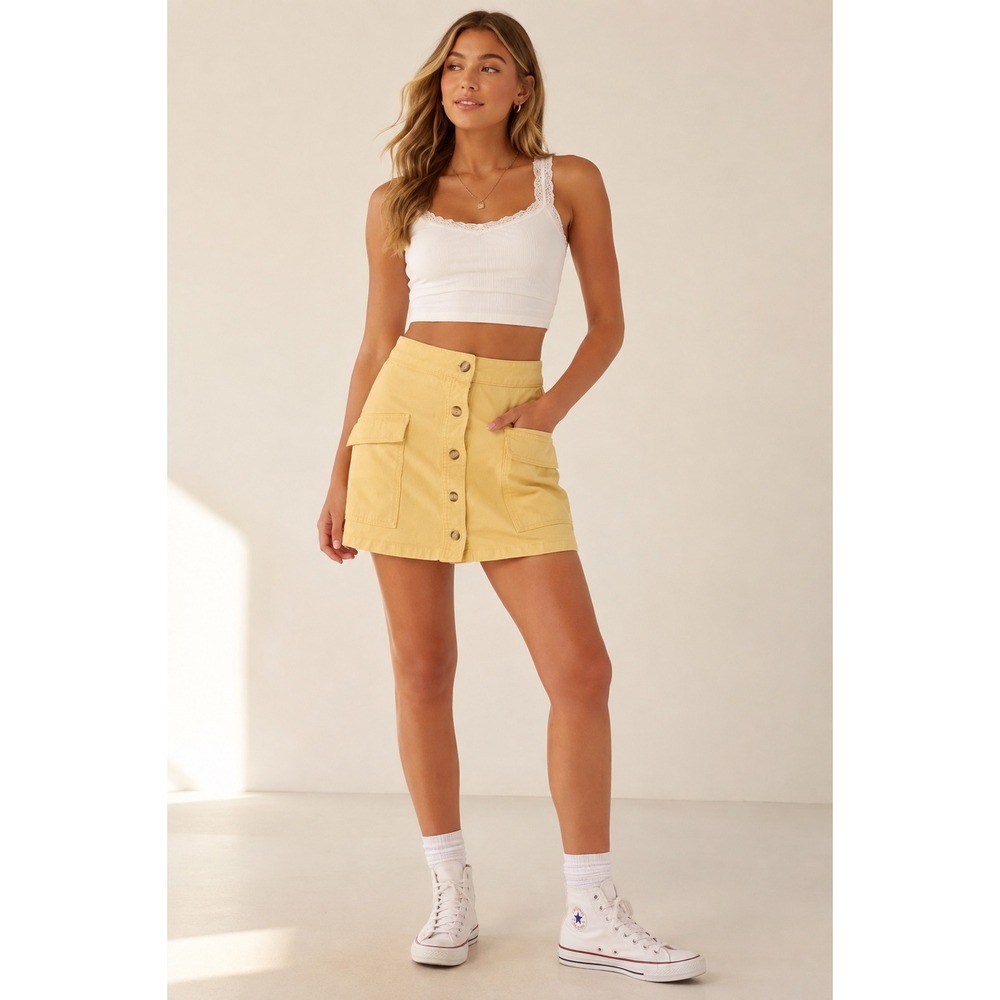 BDG Urban Outfitters Yellow Button Front Mini Skirt Cargo Style Size XS